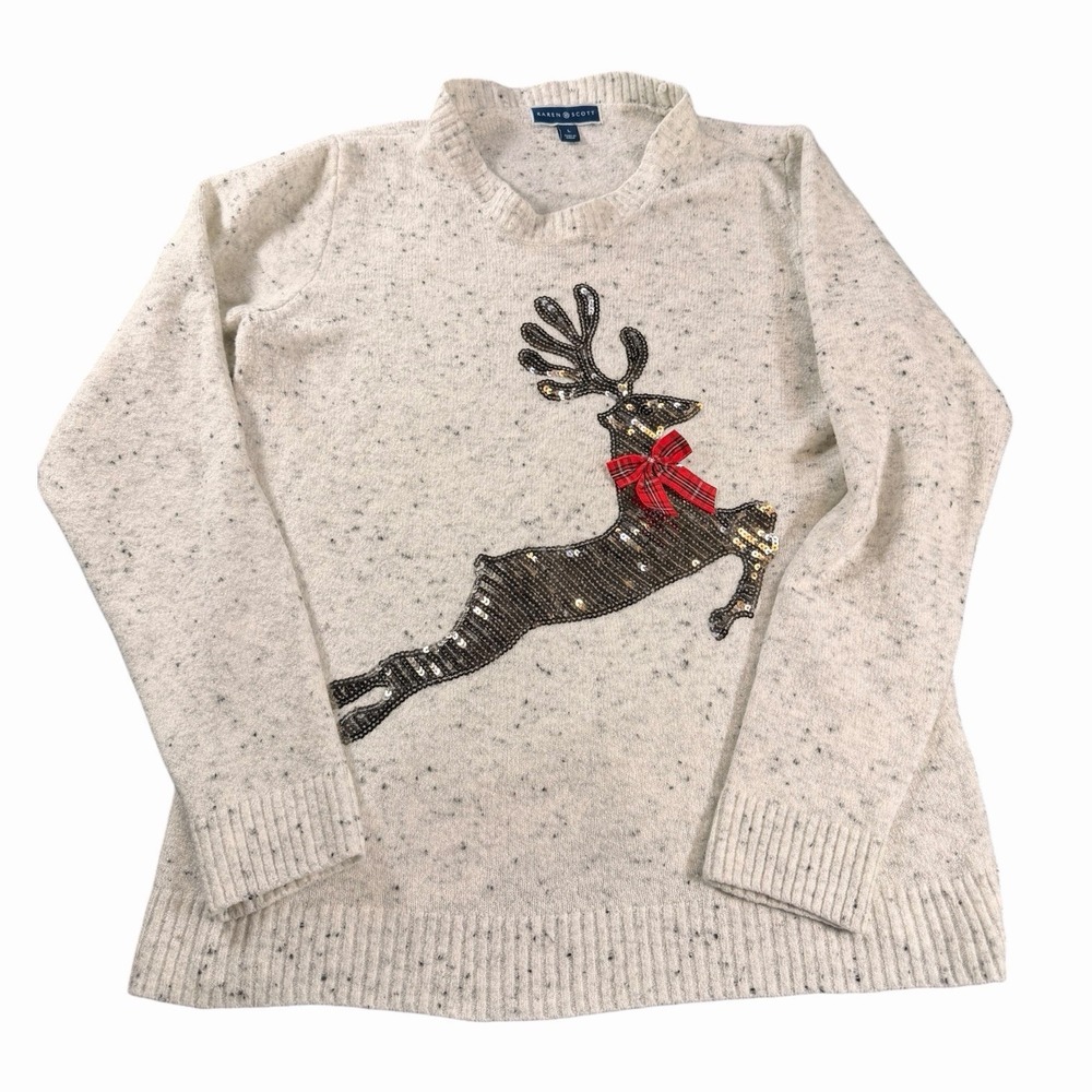 Karen Scott Reindeer Sequin Holiday Sweater Cream Speckled Marl Large